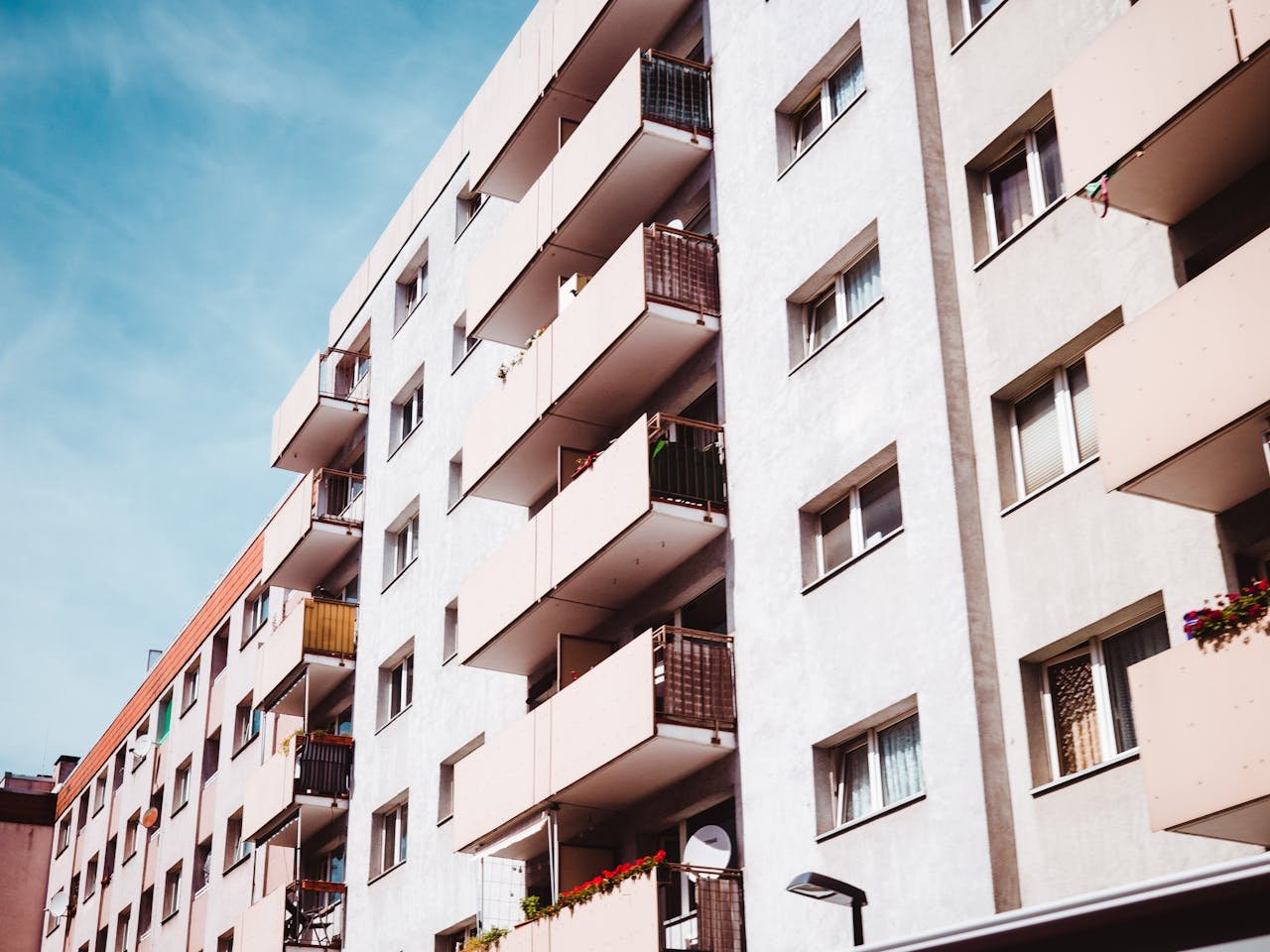 Contemporary apartment building with balconies in an urban setting, Frankfurt am Main.